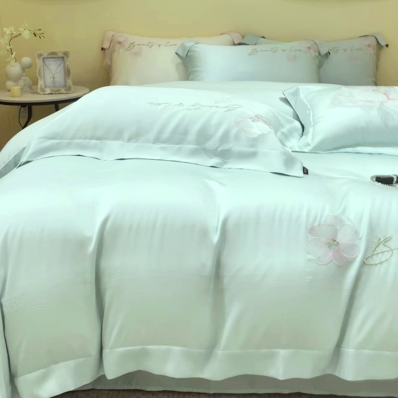91家纺网 家纺一手货源 找家纺 2025新款轻奢A类长绒棉四件套全棉纯棉全工艺刺绣纯色床单床笠直播爆款床上用品 曼影-茶绿
