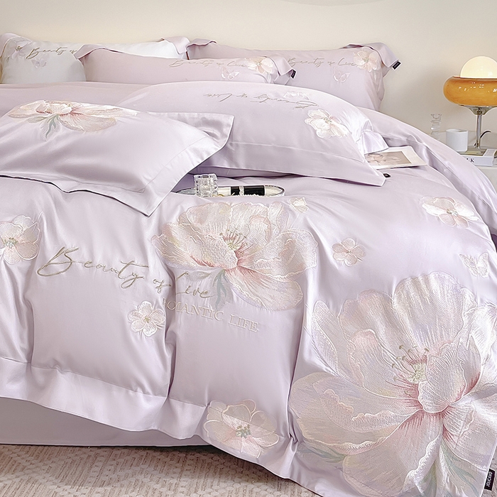 91家纺网 家纺一手货源 找家纺 2025新款轻奢A类长绒棉四件套全棉纯棉全工艺刺绣纯色床单床笠直播爆款床上用品 曼影-黛紫