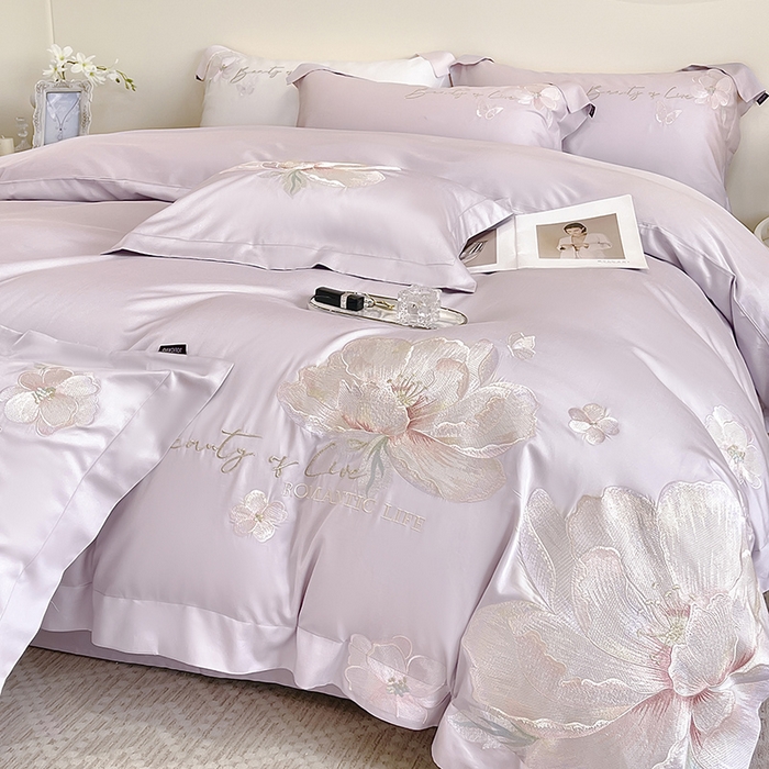 91家纺网 家纺一手货源 找家纺 2025新款轻奢A类长绒棉四件套全棉纯棉全工艺刺绣纯色床单床笠直播爆款床上用品 曼影-黛紫