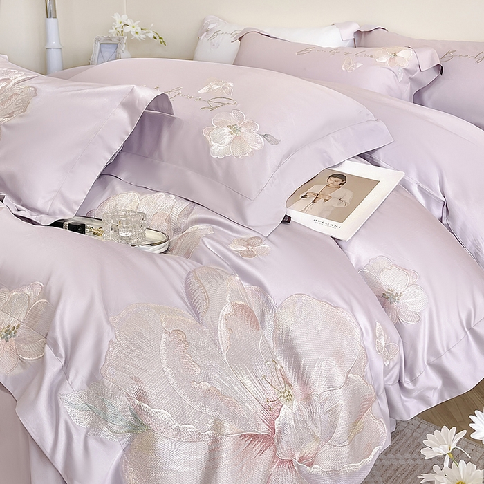 91家纺网 家纺一手货源 找家纺 2025新款轻奢A类长绒棉四件套全棉纯棉全工艺刺绣纯色床单床笠直播爆款床上用品 曼影-黛紫