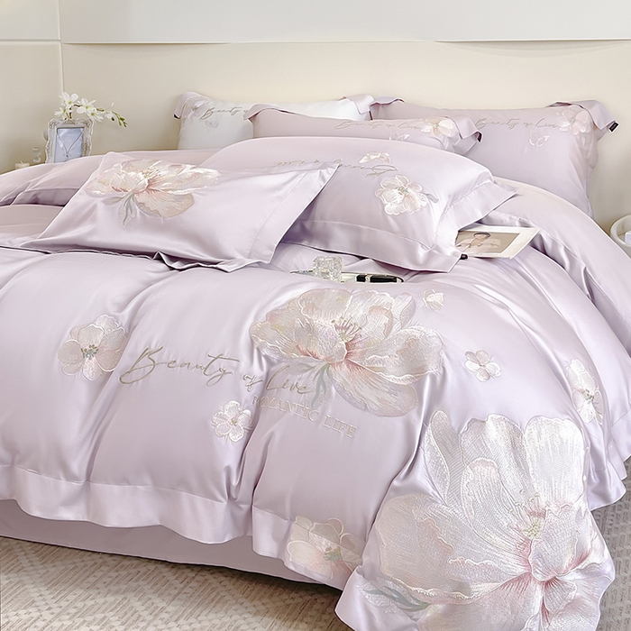 91家纺网 家纺一手货源 找家纺 2025新款轻奢A类长绒棉四件套全棉纯棉全工艺刺绣纯色床单床笠直播爆款床上用品 曼影-黛紫