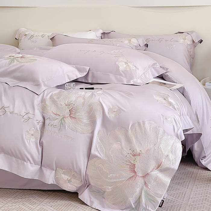 91家纺网 家纺一手货源 找家纺 2025新款轻奢A类长绒棉四件套全棉纯棉全工艺刺绣纯色床单床笠直播爆款床上用品 曼影-黛紫