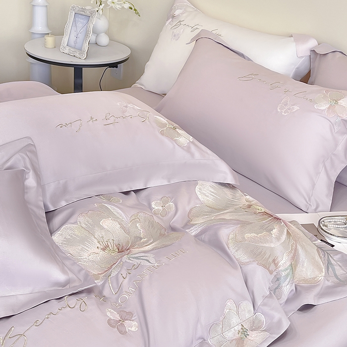 91家纺网 家纺一手货源 找家纺 2025新款轻奢A类长绒棉四件套全棉纯棉全工艺刺绣纯色床单床笠直播爆款床上用品 曼影-黛紫