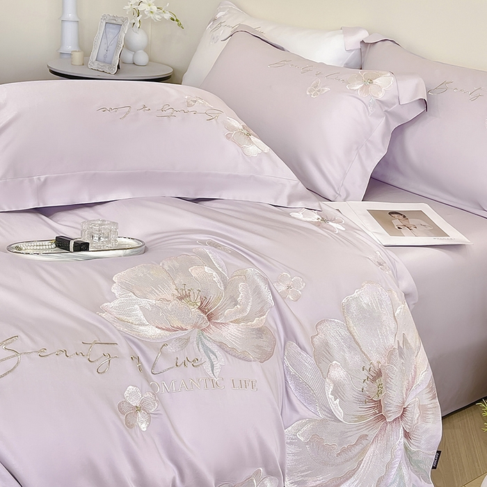 91家纺网 家纺一手货源 找家纺 2025新款轻奢A类长绒棉四件套全棉纯棉全工艺刺绣纯色床单床笠直播爆款床上用品 曼影-黛紫