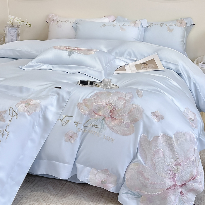 91家纺网 家纺一手货源 找家纺 2025新款轻奢A类长绒棉四件套全棉纯棉全工艺刺绣纯色床单床笠直播爆款床上用品 曼影-慕蓝