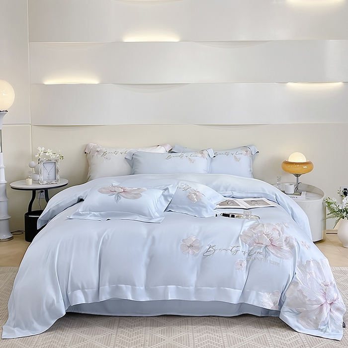 91家纺网 家纺一手货源 找家纺 2025新款轻奢A类长绒棉四件套全棉纯棉全工艺刺绣纯色床单床笠直播爆款床上用品 曼影-慕蓝