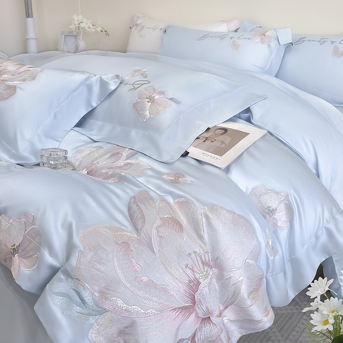 91家纺网 家纺一手货源 找家纺 2025新款轻奢A类长绒棉四件套全棉纯棉全工艺刺绣纯色床单床笠直播爆款床上用品 曼影-慕蓝