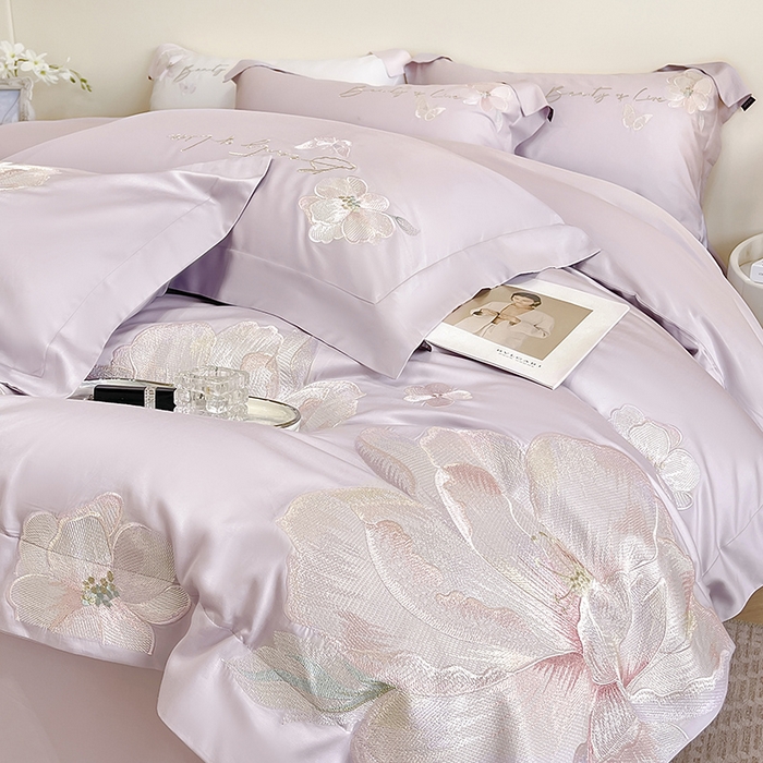 91家纺网 家纺一手货源 找家纺 2025新款轻奢A类长绒棉四件套全棉纯棉全工艺刺绣纯色床单床笠直播爆款床上用品 曼影-黛紫