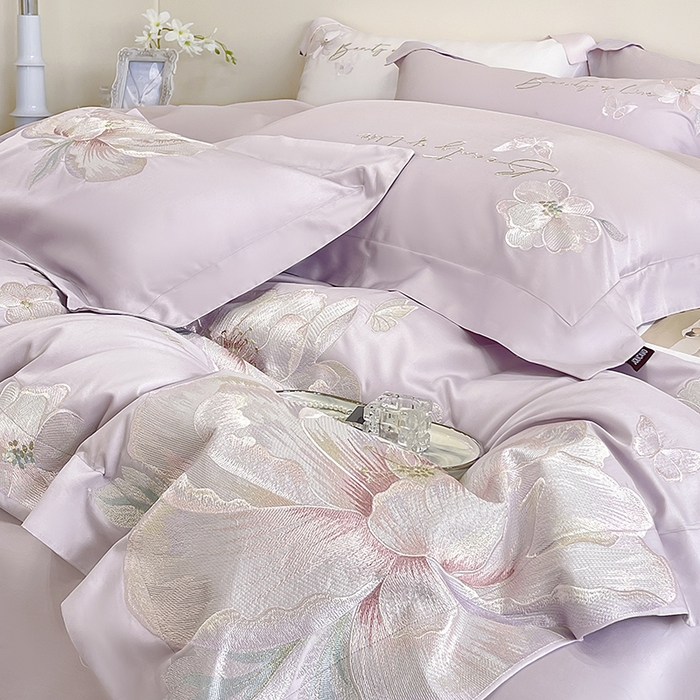 91家纺网 家纺一手货源 找家纺 2025新款轻奢A类长绒棉四件套全棉纯棉全工艺刺绣纯色床单床笠直播爆款床上用品 曼影-黛紫