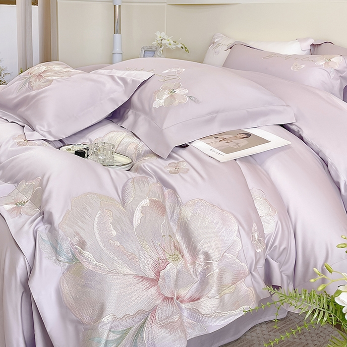 91家纺网 家纺一手货源 找家纺 2025新款轻奢A类长绒棉四件套全棉纯棉全工艺刺绣纯色床单床笠直播爆款床上用品 曼影-黛紫