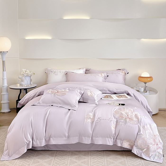 91家纺网 家纺一手货源 找家纺 2025新款轻奢A类长绒棉四件套全棉纯棉全工艺刺绣纯色床单床笠直播爆款床上用品 曼影-黛紫