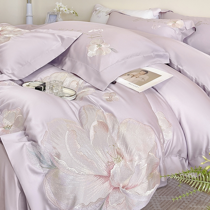 91家纺网 家纺一手货源 找家纺 2025新款轻奢A类长绒棉四件套全棉纯棉全工艺刺绣纯色床单床笠直播爆款床上用品 曼影-黛紫