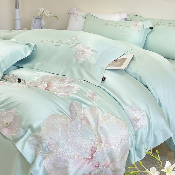 91家纺网 家纺一手货源 找家纺 2025新款轻奢A类长绒棉四件套全棉纯棉全工艺刺绣纯色床单床笠直播爆款床上用品 曼影-茶绿