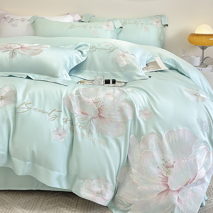 91家纺网 家纺一手货源 找家纺 2025新款轻奢A类长绒棉四件套全棉纯棉全工艺刺绣纯色床单床笠直播爆款床上用品 曼影-茶绿