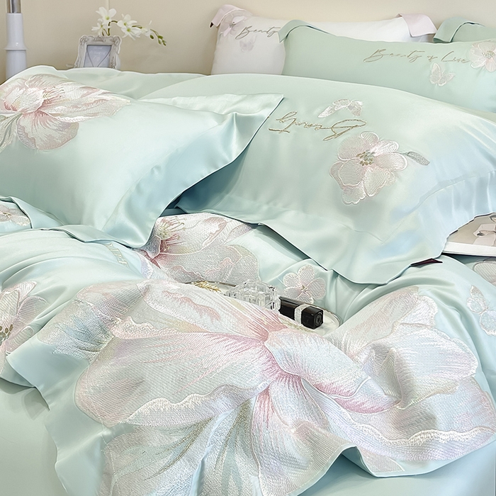 91家纺网 家纺一手货源 找家纺 2025新款轻奢A类长绒棉四件套全棉纯棉全工艺刺绣纯色床单床笠直播爆款床上用品 曼影-茶绿