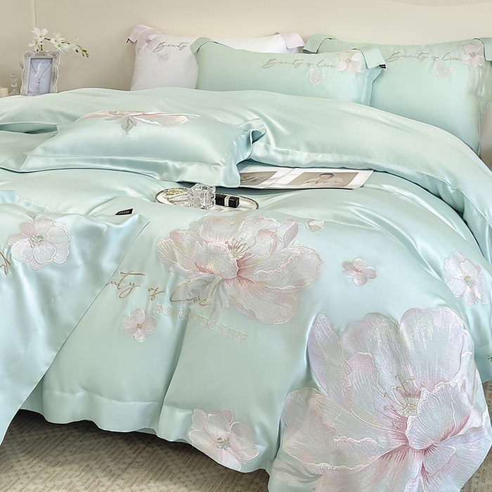 91家纺网 家纺一手货源 找家纺 2025新款轻奢A类长绒棉四件套全棉纯棉全工艺刺绣纯色床单床笠直播爆款床上用品 曼影-茶绿