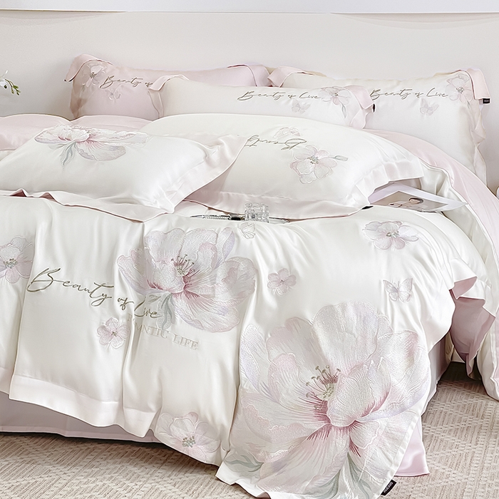 91家纺网 家纺一手货源 找家纺 2025新款轻奢A类长绒棉四件套全棉纯棉全工艺刺绣纯色床单床笠直播爆款床上用品 曼影-白粉