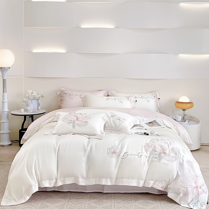 91家纺网 家纺一手货源 找家纺 2025新款轻奢A类长绒棉四件套全棉纯棉全工艺刺绣纯色床单床笠直播爆款床上用品 曼影-白粉