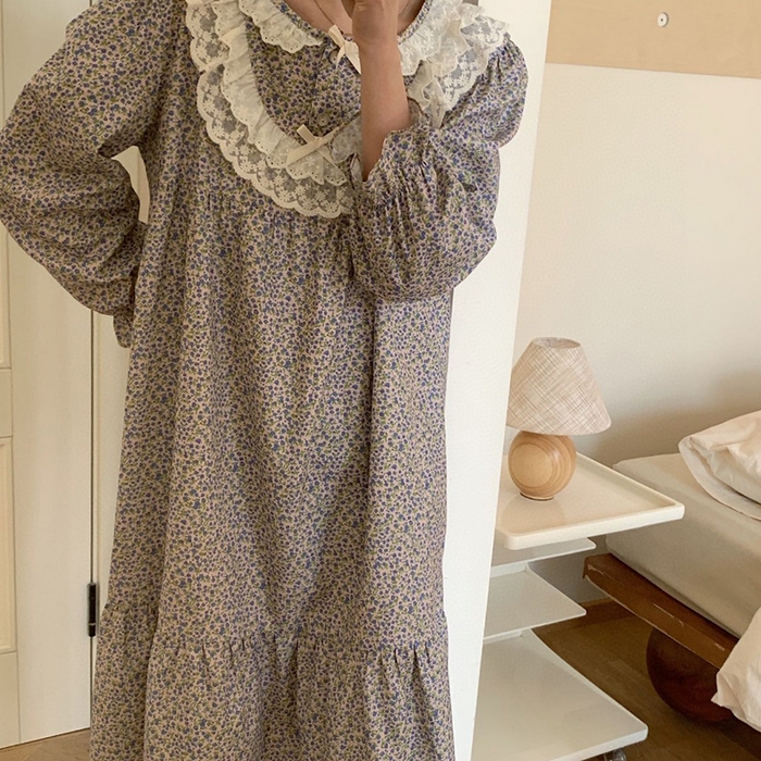 91家纺网 家纺一手货源 找家纺 （总）妍景家居生活馆 2025新款82818-1韩系碎花蝴蝶结睡裙