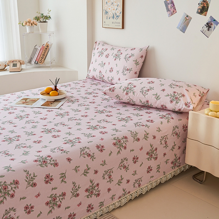 91家纺网 家纺一手货源 找家纺 义博家纺 2025新款纯棉老粗布花边款单床单 霞染层云