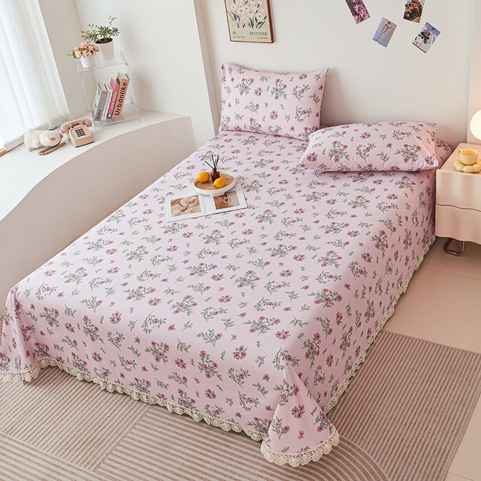 91家纺网 家纺一手货源 找家纺 义博家纺 2025新款纯棉老粗布花边款单床单 霞染层云