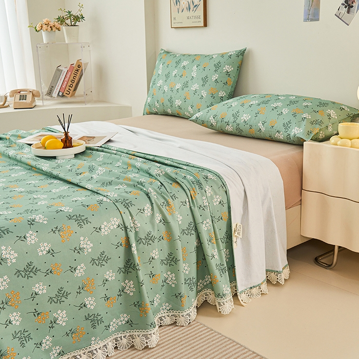 91家纺网 家纺一手货源 找家纺 义博家纺 2025新款纯棉老粗布花边款单床单 向阳花开