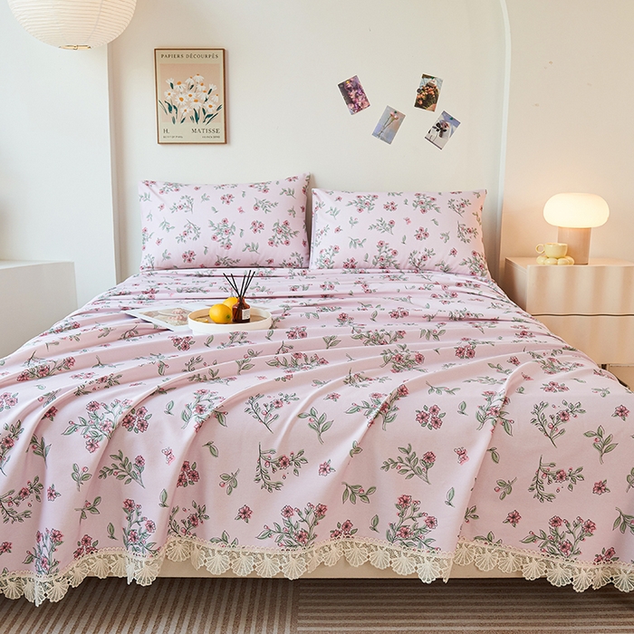 91家纺网 家纺一手货源 找家纺 义博家纺 2025新款纯棉老粗布花边款单床单 霞染层云