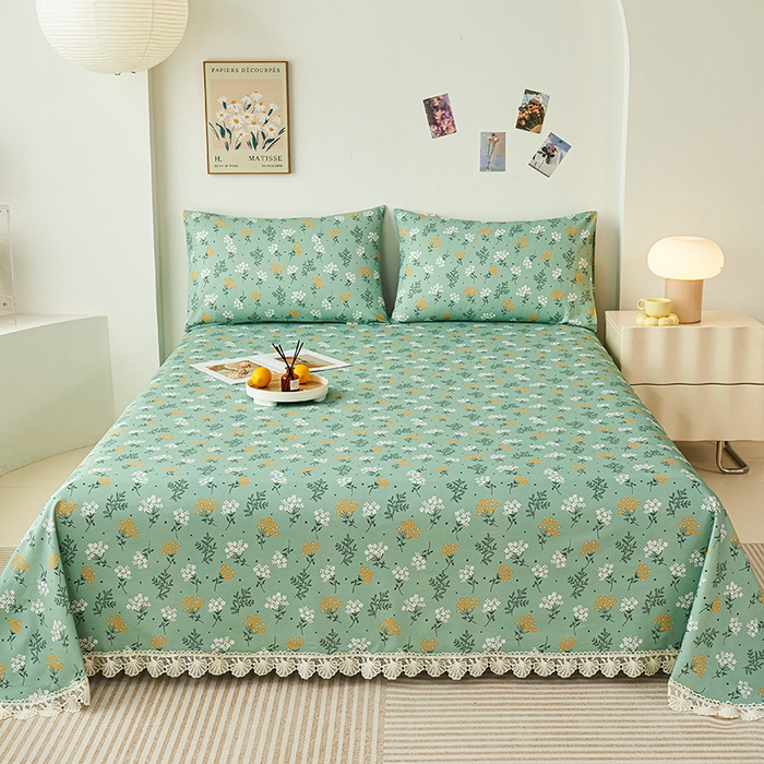 91家纺网 家纺一手货源 找家纺 义博家纺 2025新款纯棉老粗布花边款单床单 向阳花开