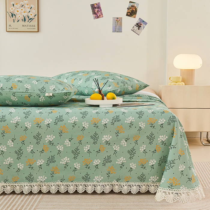 91家纺网 家纺一手货源 找家纺 义博家纺 2025新款纯棉老粗布花边款单床单 向阳花开