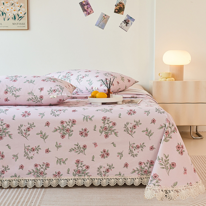 91家纺网 家纺一手货源 找家纺 义博家纺 2025新款纯棉老粗布花边款单床单 霞染层云