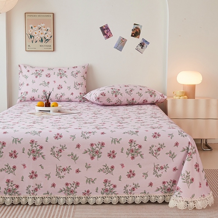 91家纺网 家纺一手货源 找家纺 义博家纺 2025新款纯棉老粗布花边款单床单 霞染层云