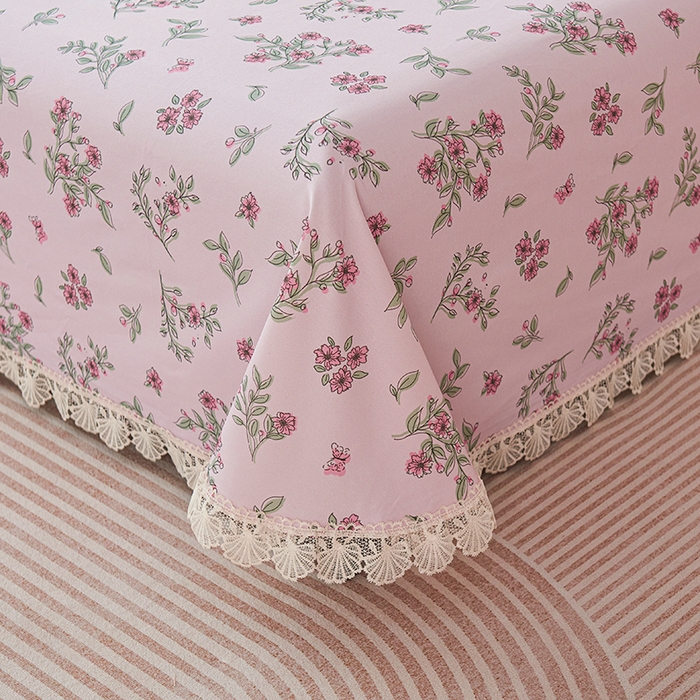 91家纺网 家纺一手货源 找家纺 义博家纺 2025新款纯棉老粗布花边款单床单 霞染层云