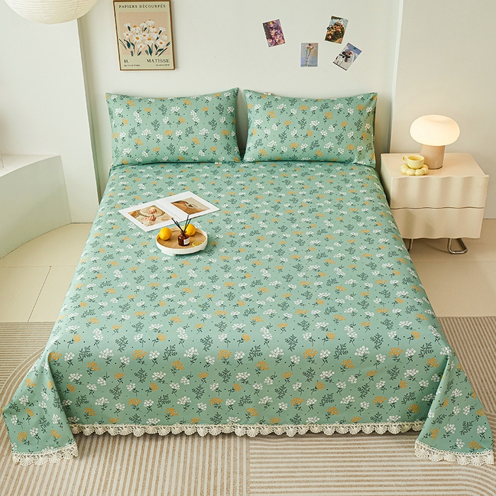 91家纺网 家纺一手货源 找家纺 义博家纺 2025新款纯棉老粗布花边款单床单 向阳花开