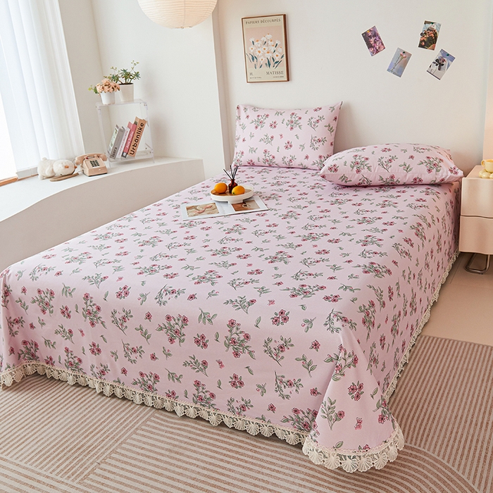 91家纺网 家纺一手货源 找家纺 义博家纺 2025新款纯棉老粗布花边款单床单 霞染层云