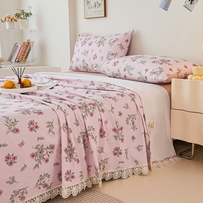 91家纺网 家纺一手货源 找家纺 义博家纺 2025新款纯棉老粗布花边款单床单 霞染层云