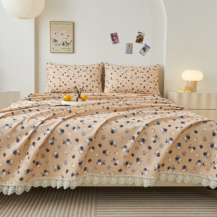 91家纺网 家纺一手货源 找家纺 义博家纺 2025新款纯棉老粗布花边款单床单 月影疏疏