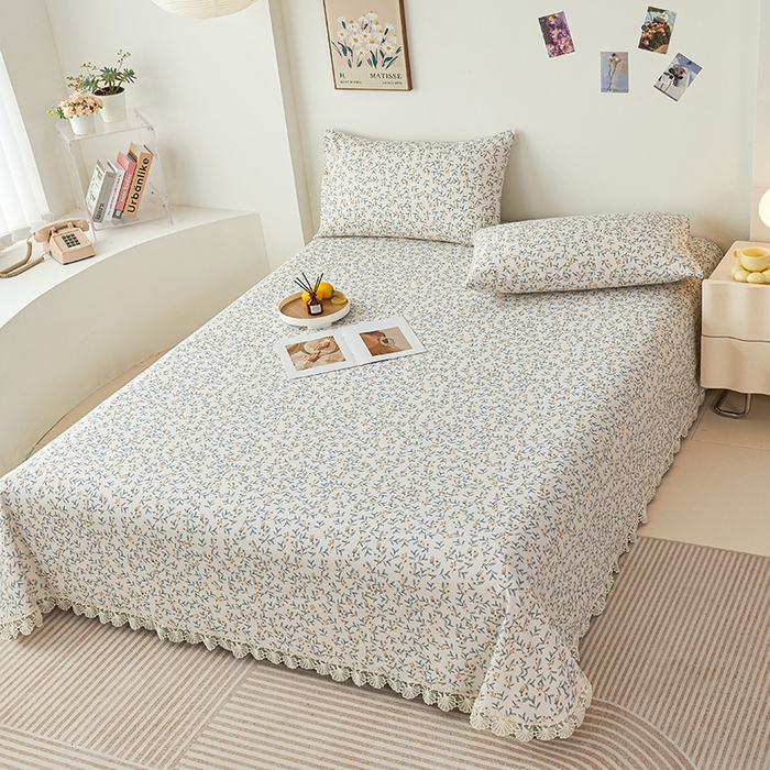 91家纺网 家纺一手货源 找家纺 义博家纺 2025新款纯棉老粗布花边款单床单 细数花语