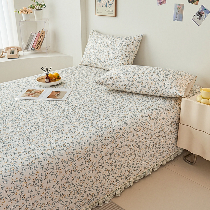 91家纺网 家纺一手货源 找家纺 义博家纺 2025新款纯棉老粗布花边款单床单 细数花语