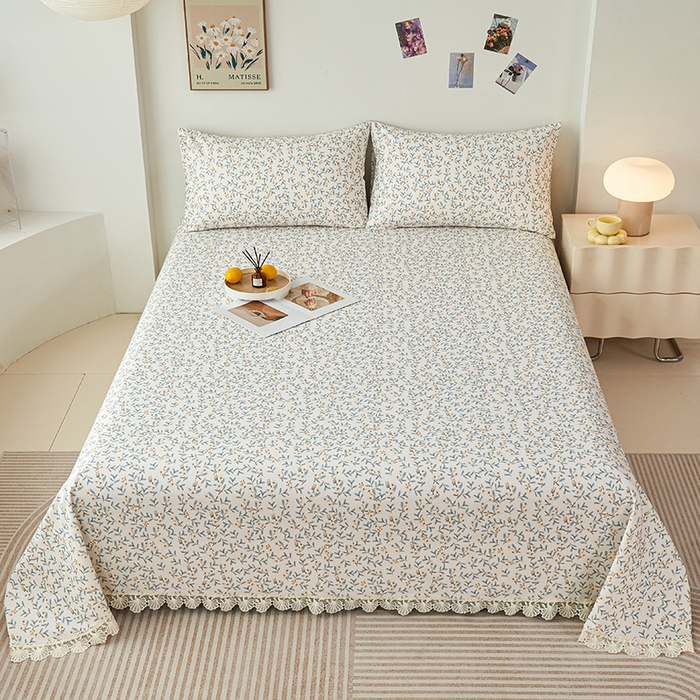 91家纺网 家纺一手货源 找家纺 义博家纺 2025新款纯棉老粗布花边款单床单 细数花语