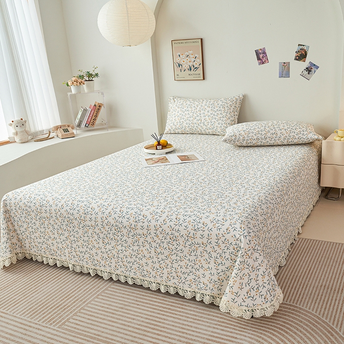 91家纺网 家纺一手货源 找家纺 义博家纺 2025新款纯棉老粗布花边款单床单 细数花语