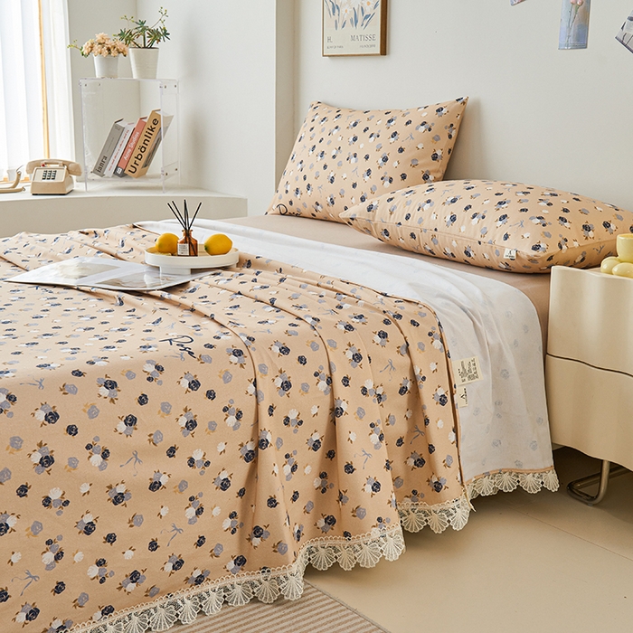 91家纺网 家纺一手货源 找家纺 义博家纺 2025新款纯棉老粗布花边款单床单 月影疏疏