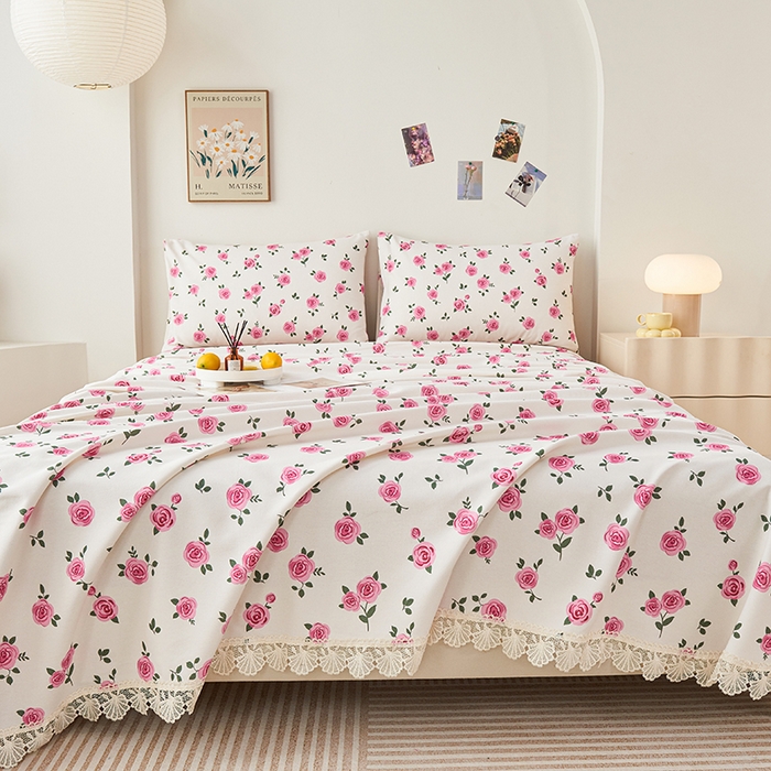 91家纺网 家纺一手货源 找家纺 义博家纺 2025新款纯棉老粗布花边款单床单 月汐幻梦