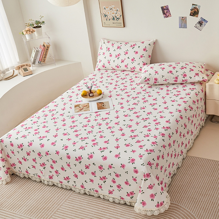 91家纺网 家纺一手货源 找家纺 义博家纺 2025新款纯棉老粗布花边款单床单 月汐幻梦