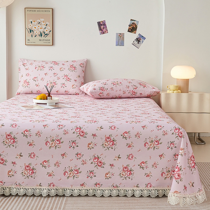 91家纺网 家纺一手货源 找家纺 义博家纺 2025新款纯棉老粗布花边款单床单 迎春花