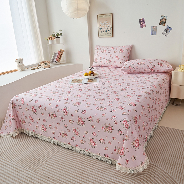 91家纺网 家纺一手货源 找家纺 义博家纺 2025新款纯棉老粗布花边款单床单 迎春花