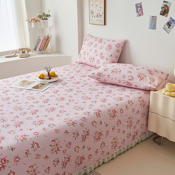 91家纺网 家纺一手货源 找家纺 义博家纺 2025新款纯棉老粗布花边款单床单 迎春花