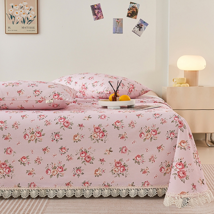 91家纺网 家纺一手货源 找家纺 义博家纺 2025新款纯棉老粗布花边款单床单 迎春花