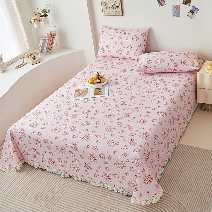 91家纺网 家纺一手货源 找家纺 义博家纺 2025新款纯棉老粗布花边款单床单 迎春花