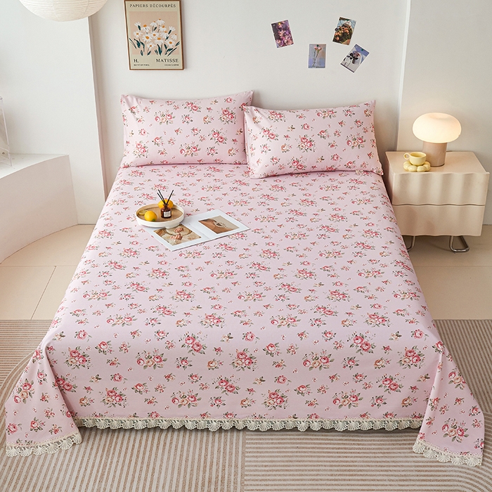 91家纺网 家纺一手货源 找家纺 义博家纺 2025新款纯棉老粗布花边款单床单 迎春花