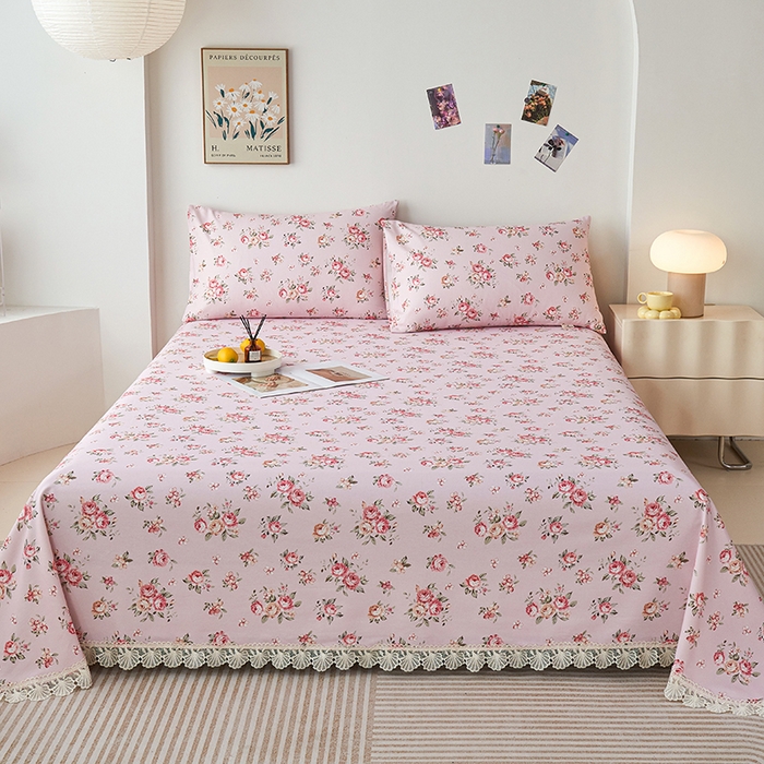 91家纺网 家纺一手货源 找家纺 义博家纺 2025新款纯棉老粗布花边款单床单 迎春花